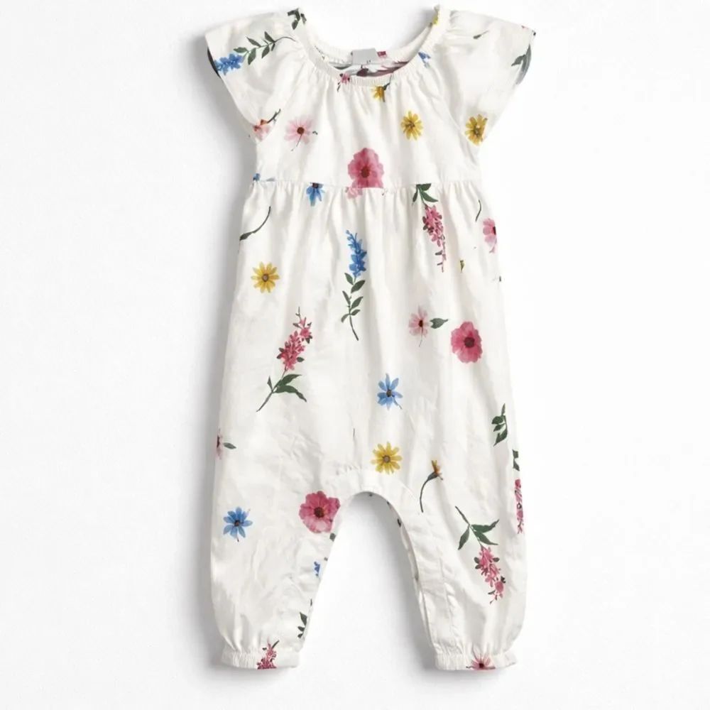 Old Navy Cream cotton jumpsuit with pink and blue floral print size 6-12 months